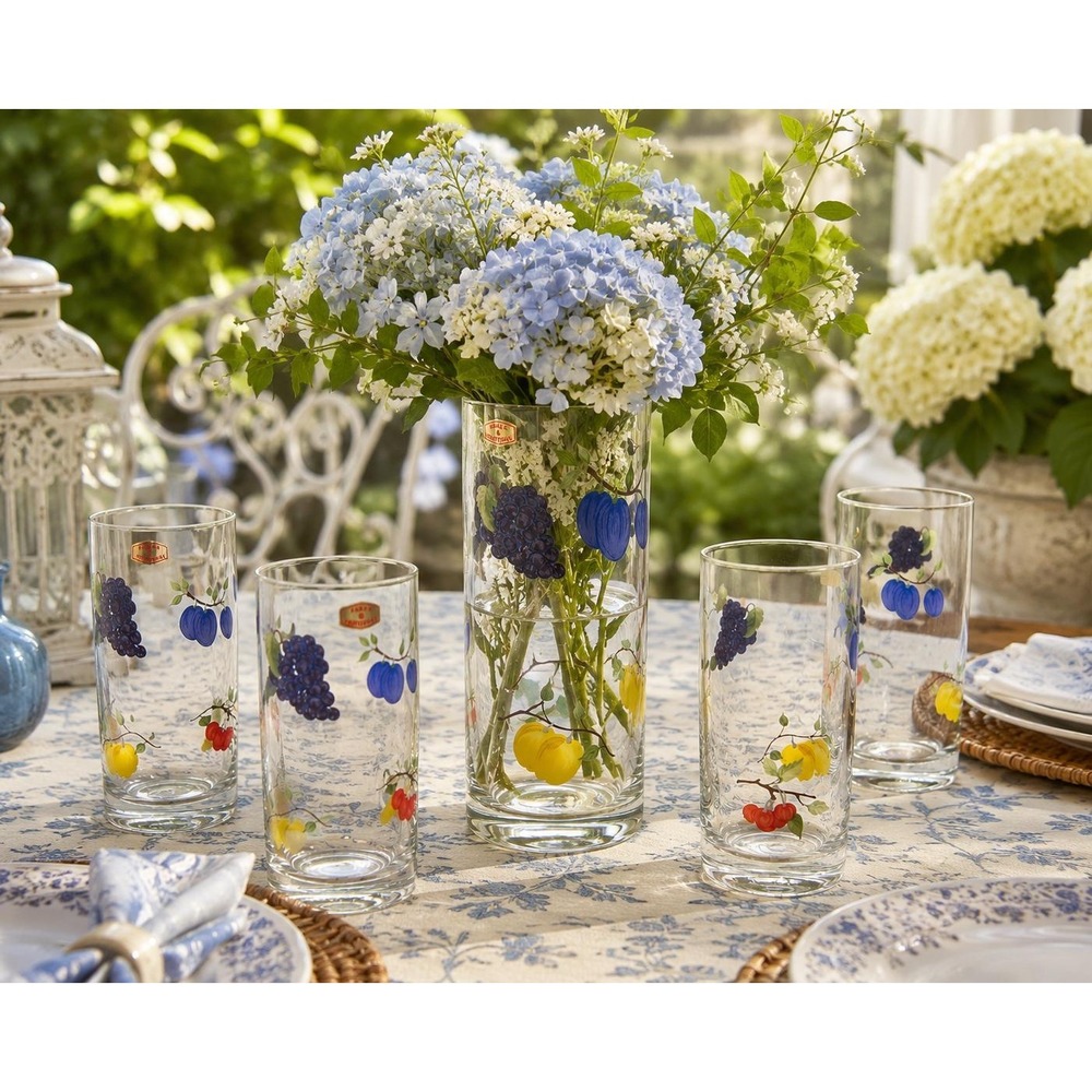 VTG Portuguese Fruit Glass Vase / pitcher & 4 Matching Tumblers Hand Painted